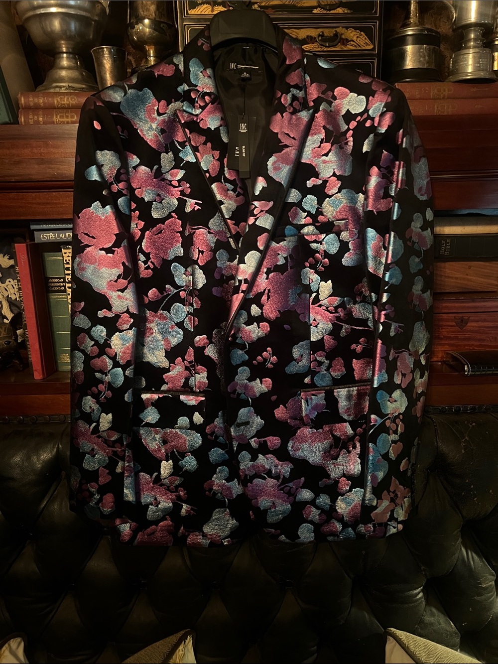 INC Black Satin Floral Blazer with Pink & Blue Metallic Accents